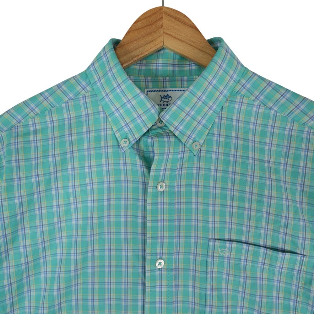 Southern Tide Intercostal Performance Shirt Mens M Mint Green Plaid‎ Nylon Blend